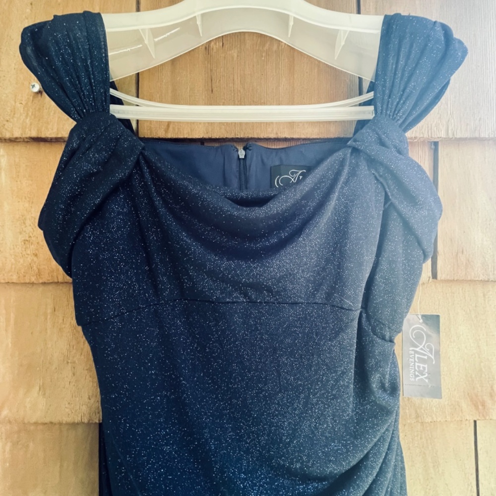 Alex Evenings Cold Shoulder Glitter Mesh Navy Dress Draped Skirt & Cowl Neckline - Picture 8 of 14